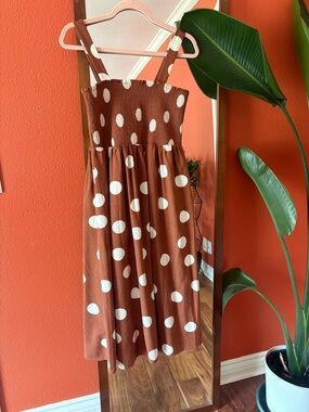 Blu Pepper Rust Brown Midi Dress with White Polka Dots Linen